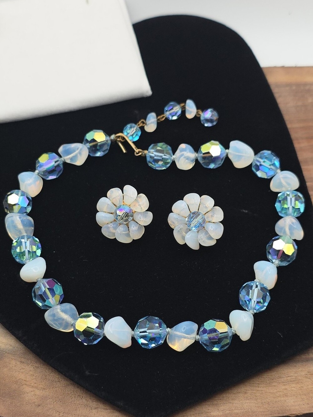 Vintage Mid Century Les Bernard Opalite & Aurora Crystal Choker & Earrings Set